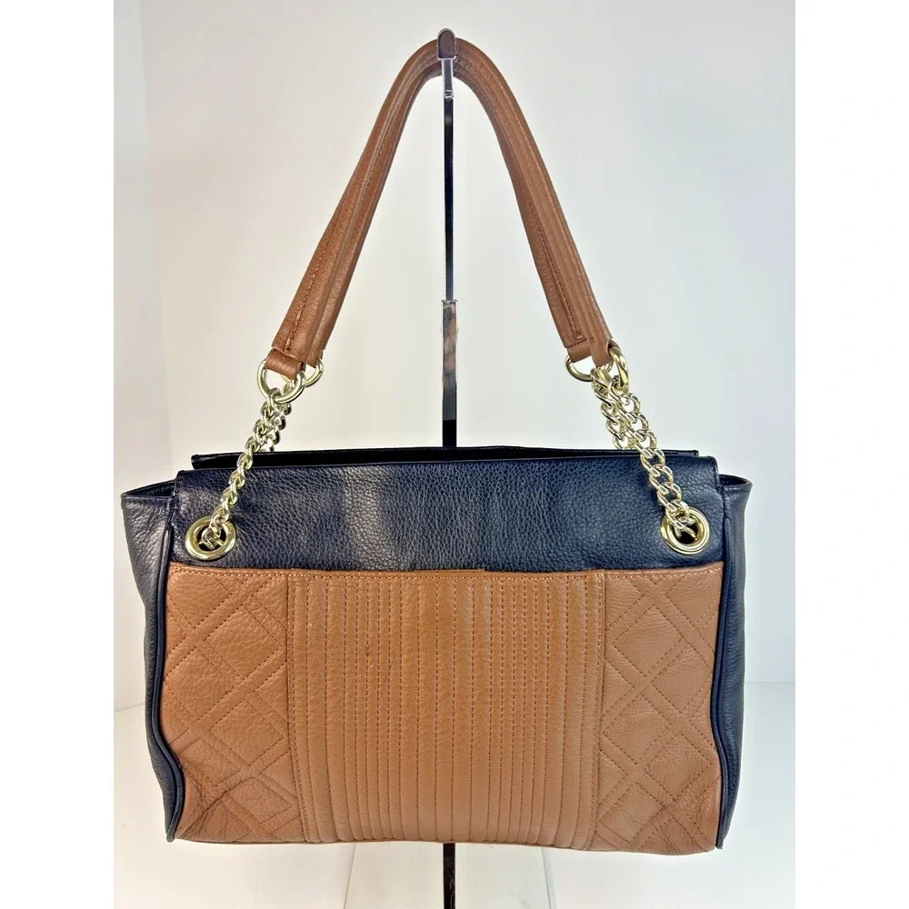 Calvin Klein Black Brown Leather Shoulder Bag Medium Quilted Chain Satchel Purse
